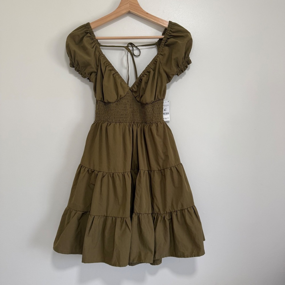 NWT Ardene Smocked Tiered Puff Sleeve Mini Dress Olive Green Womens Small Boho